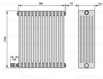 Схема (чертеж) Радиатор Zehnder Charleston 6150/13 №V004 Белый глянцевый RAL 9016